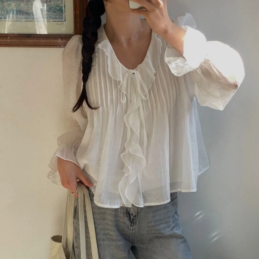 

Chic Women's Shirt Spring 2026 Back Pleated Long Sleeve Floral Lace Trim Breathable Polyester Casual Fashion Top