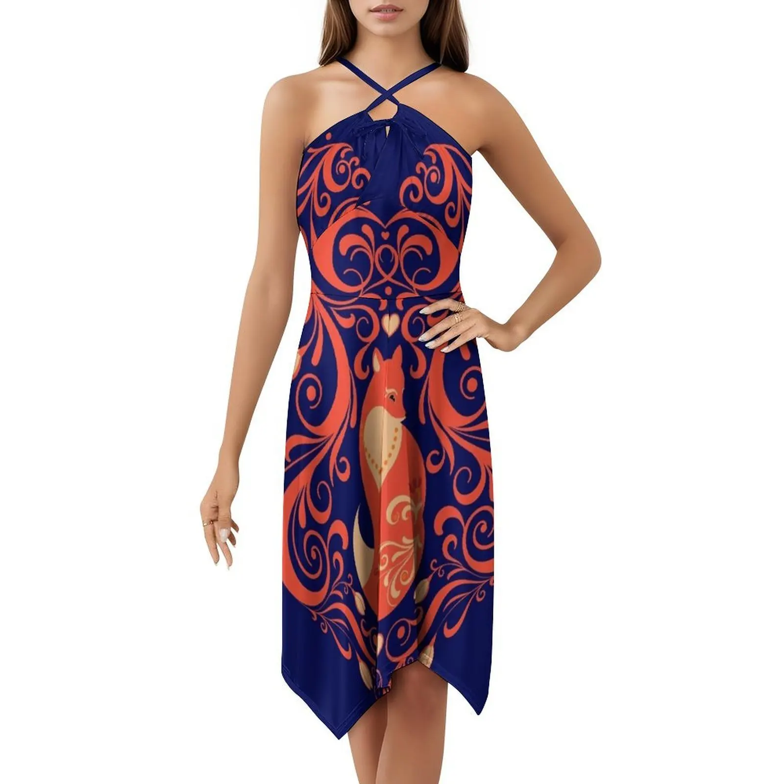 قلب مخرم من زخارف زهرة مع ثعلب. فستان بوهيمي عتيق بأكمام منتفخة أو خيارات بلا أكمام لفستان النساء