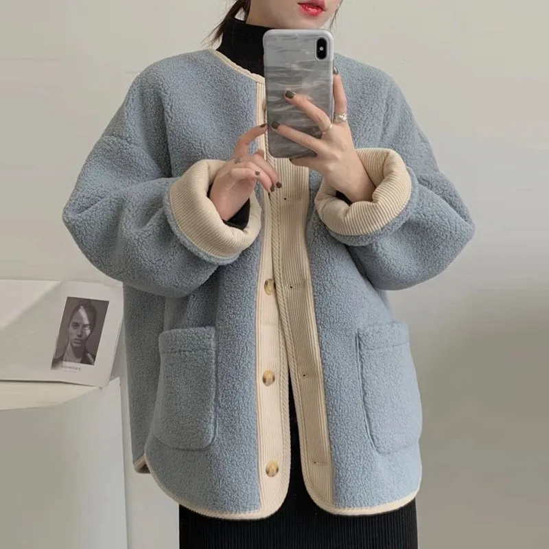 

Women's Lamb Wool Coat Thick Warm Plush Cashmere Jackets Button Streetwear 2024 New Autumn Winter Korean Fashion Female Clothing