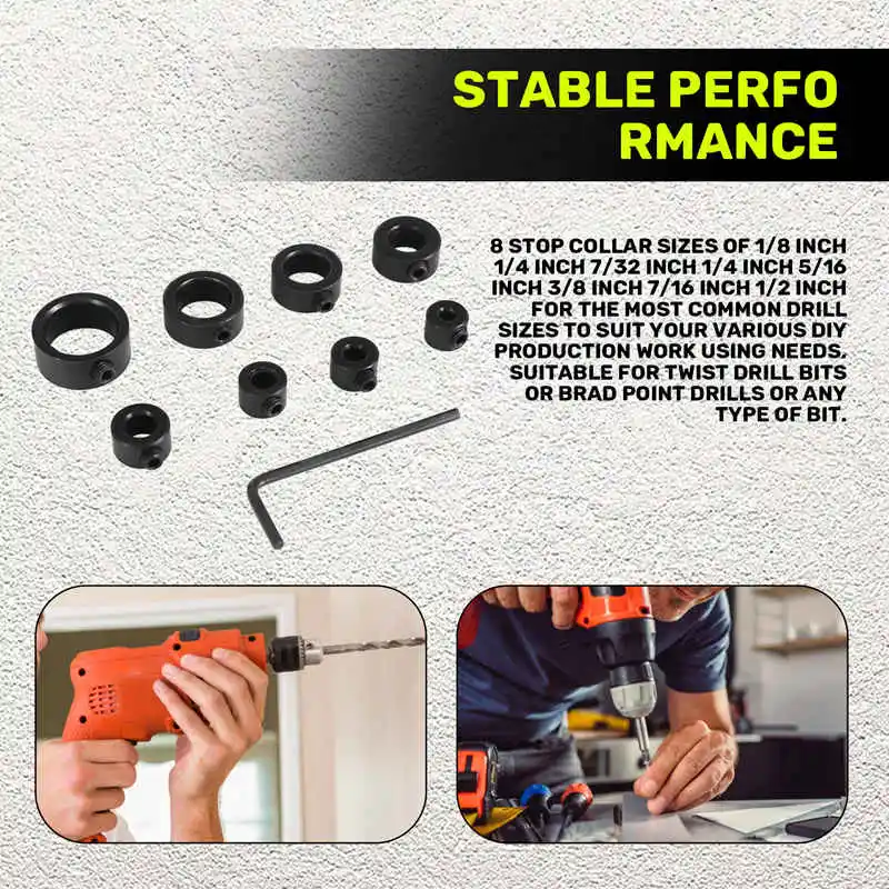 Drill Stop Bit Collar Set, 9PCS Adjustable Drill Depth Stop Collar Limit Ring with Carbon Steel Set for Drill Bits-ABVM