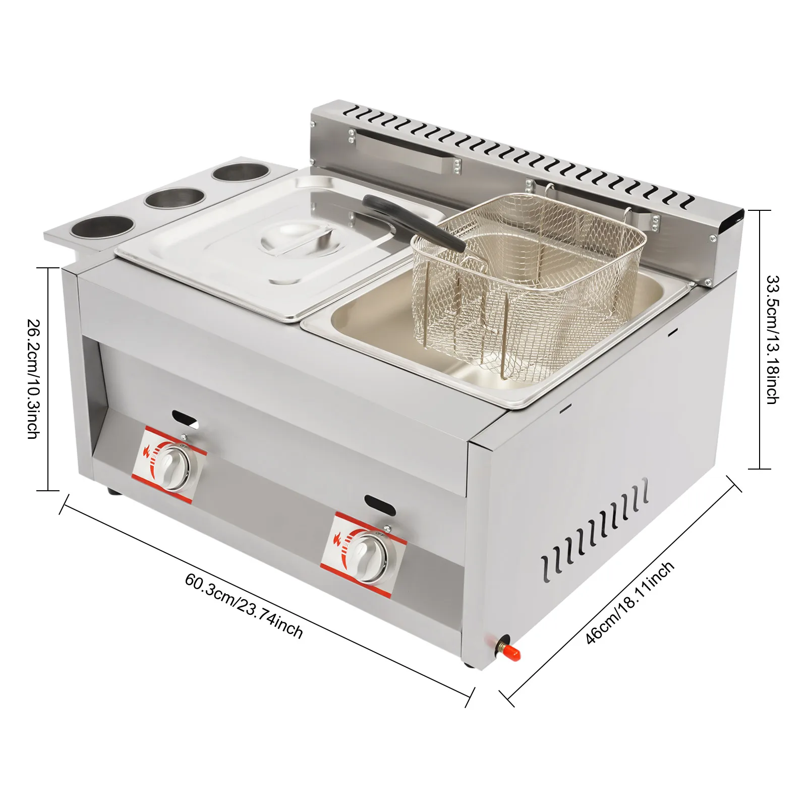 Dual Tank LPG Commercial Gas Deep Fryer, 430 Magnetic Stainless Steel 6L Single Tank 60.34633.5cm Tabletop Cooking Accessories, Separate Temperature Knob Detachable Filter Basket Anti-slip Foot Pad