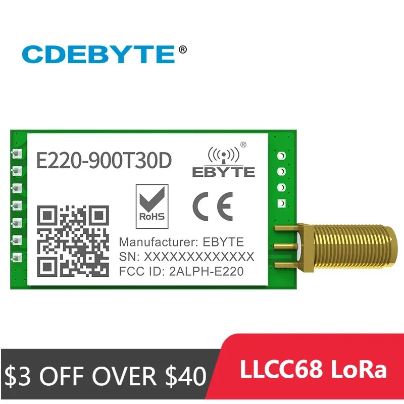 SEMTECH-Transmissor e Receptor Sem Fio, LoRa, 868MHz, 915MHz, LLCC68, 30dBm, Longo Alcance, 10km, RTSDI, CDEBYTE, E220-900T30D, UART