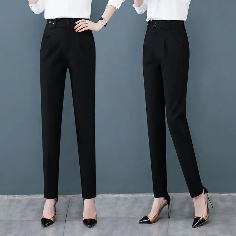 Office Lady Fashion High Waist Suits Pants Spring Autumn Korean Women Clothing Pockets Coffee Pencil Casual Straight Trousers
