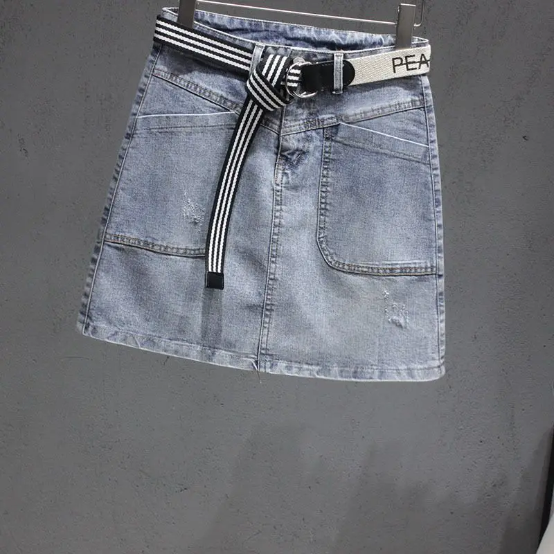 Anti-exposure denim skirt female 2024 summer A-shaped short skirt high waist Joker fashion casual pocket slim skirt