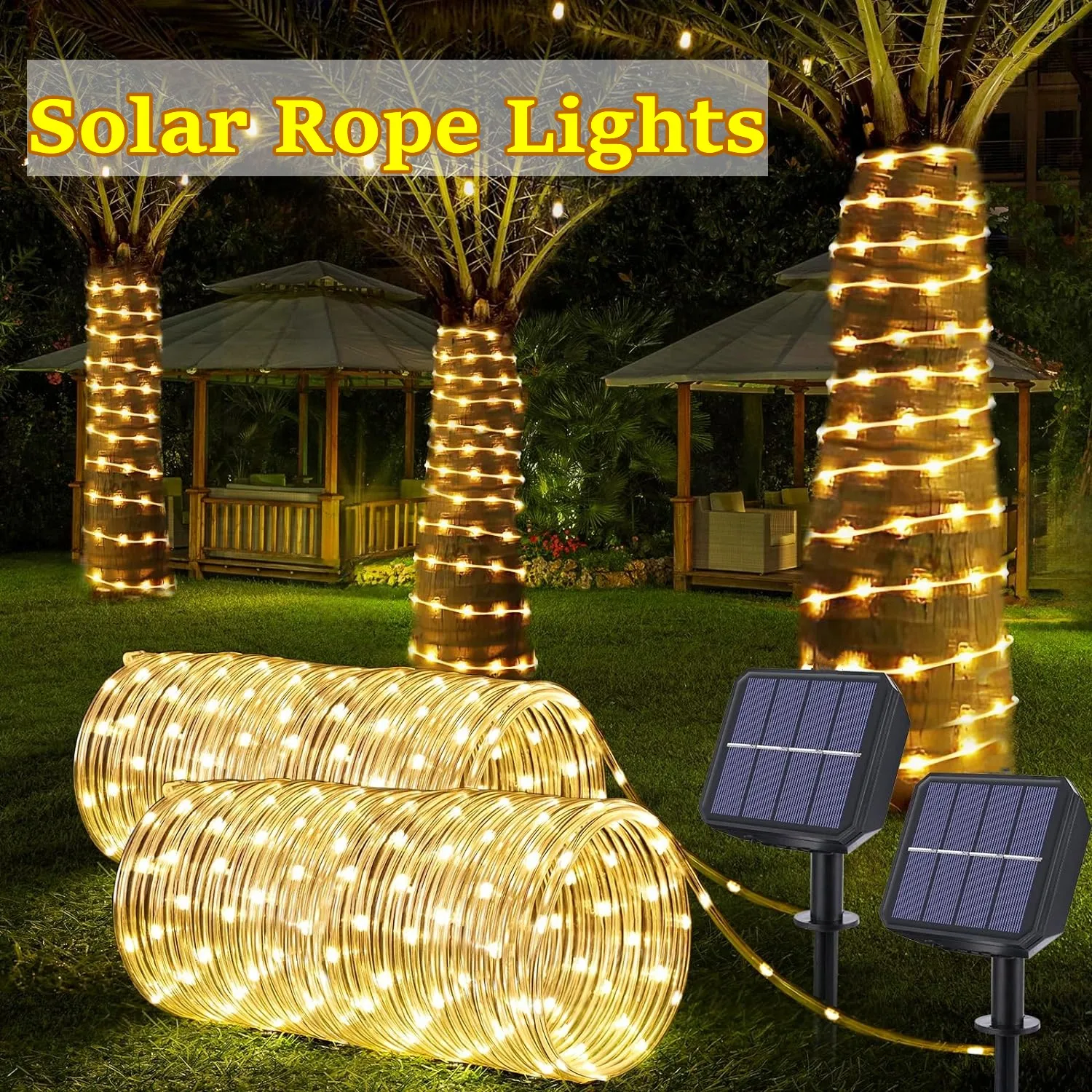 Solar Powered Garland String Luz, LED, Strip Corda, Tubo, Fada, Ao ar livre, Decoração de Natal, Jardim, Gramado, Árvore, Quintal, Cerca