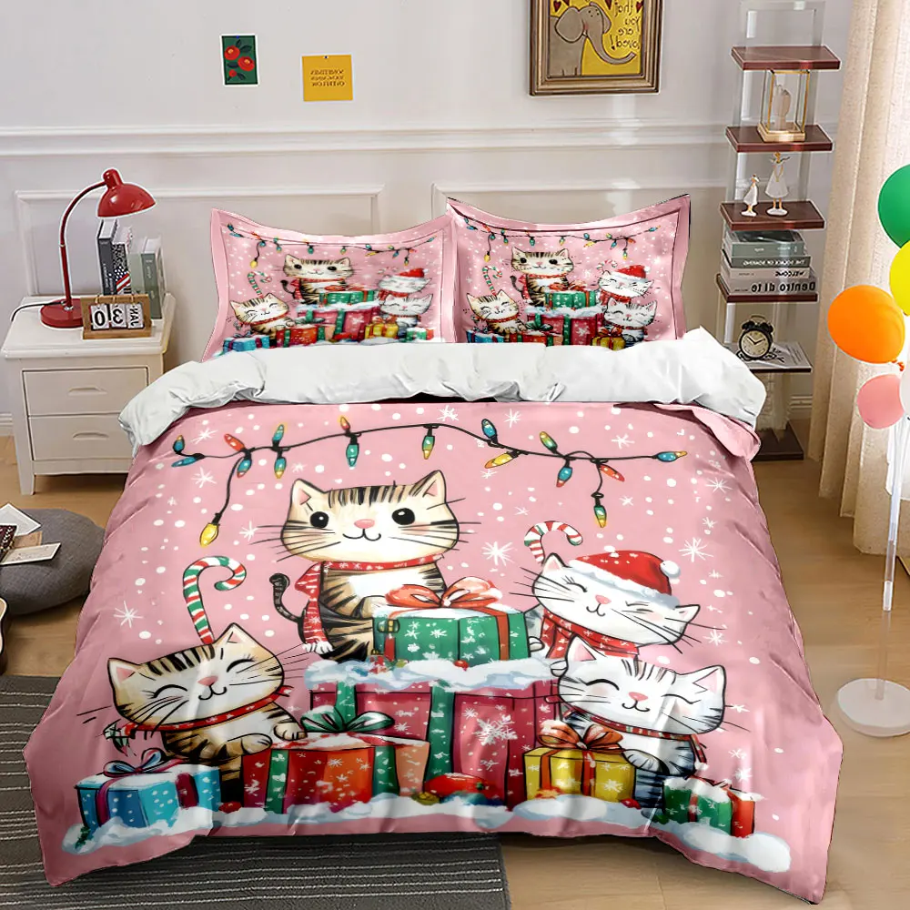 Festive Cats Celebrating Around Gifts Print Duvet Cover Bedding Set Included 1*Duvet Cover 2*Pillowcases Luxury gifts