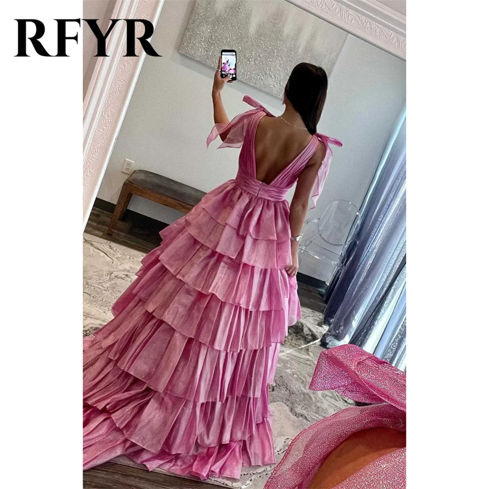 RFYR Pink Evening Dresses Plunging Neck Sleeveless Party Dress Ribbons Tiered Ruffles Prom Dresses Sexy Open Back Robe De Soiree