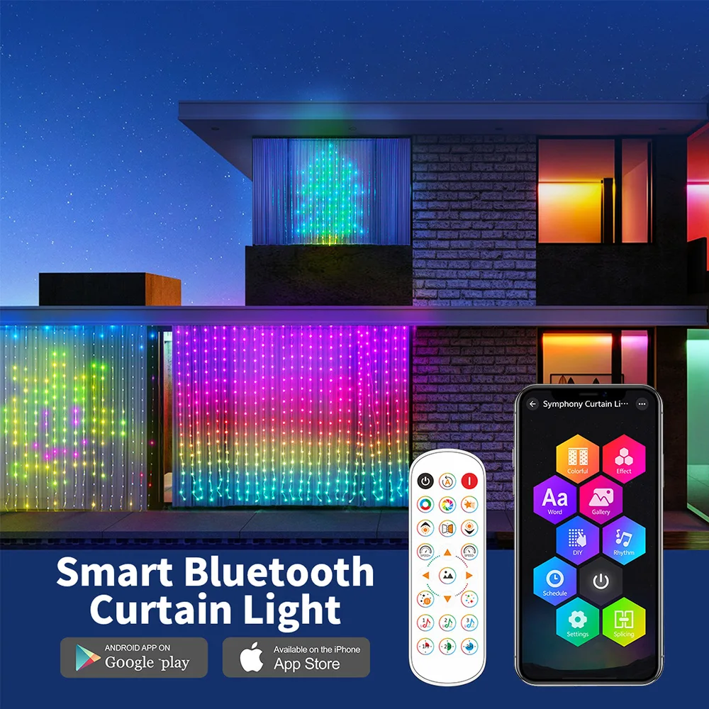 Smart Curtain Lights Bluetooth App Control RGBIC LED String Waterproof Fairy Light USB DIY Text Pattern Display Party Room Decor