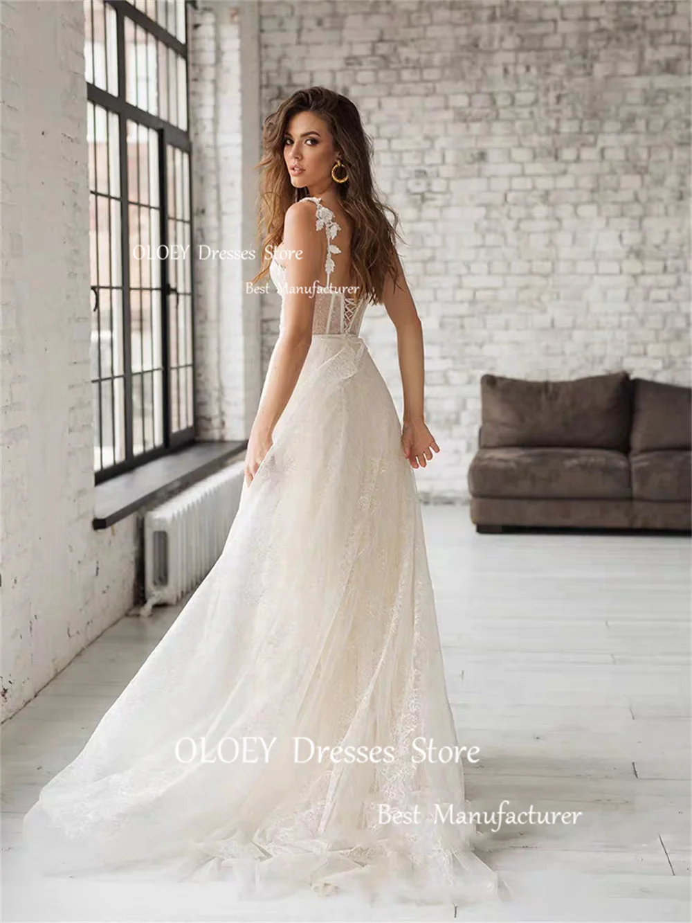 OLOEY-requintados vestidos de casamento marfim com cintas de espaguete, vestidos de noiva, tule sedoso, vestidos de noiva, photoshoot apliques, até o chão, espartilho volta