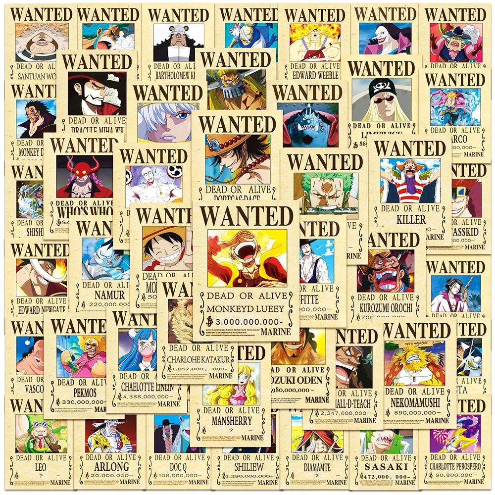 10/30/50pcs One Piece Stickers Wanted Posters Anime Decals Graffiti DIY Motorcycle Skateboard Laptop Fridge Phone Car Kids Toys