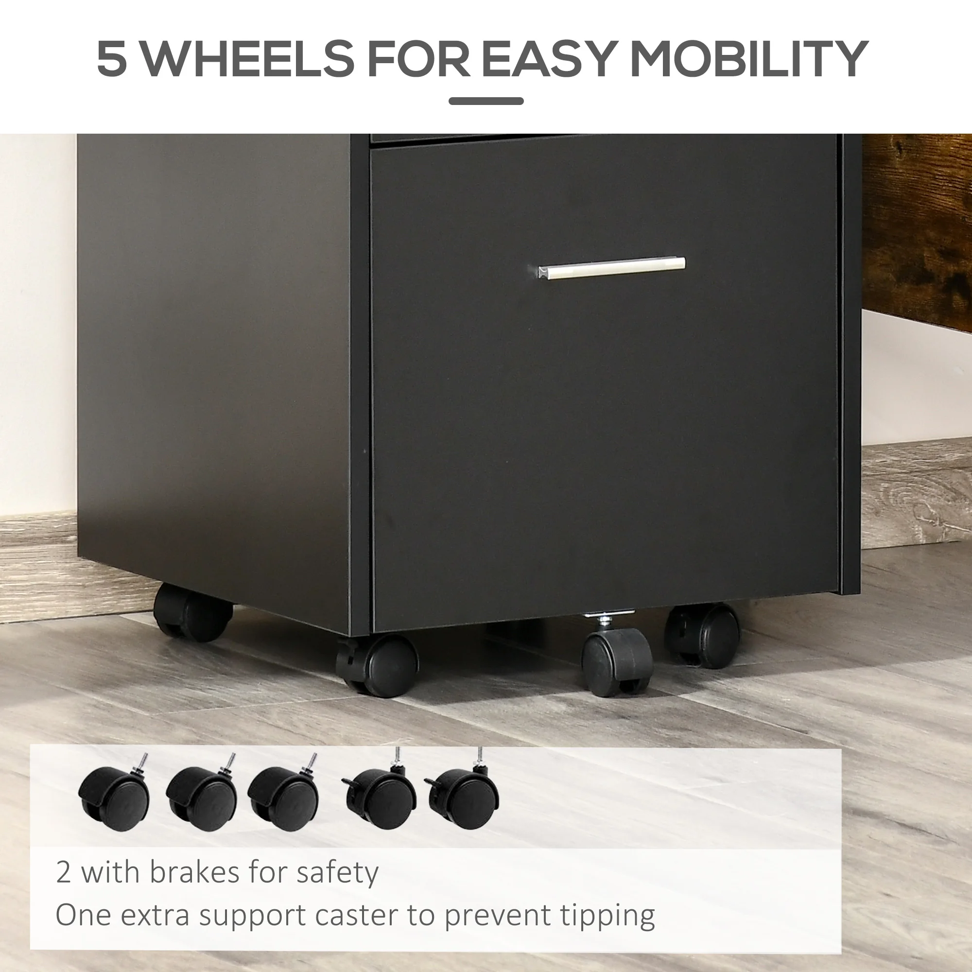 Vinsetto Mobile File Cabinet Lockable Documents Storage w/ 5 Wheels Black