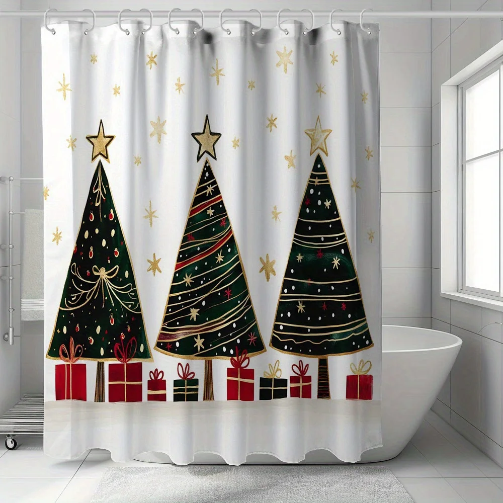 Christmas Shower Curtain Xmas Holiday Festive Waterproof Bathroom Curtain Liner Decor Trees Gifts Seasonal Winter Shower