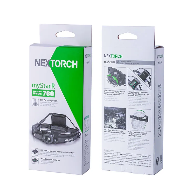 Nextorch MyStar R Spot/Flood lampada frontale a doppia luce, portata del fascio di 760 lumen 220m, batteria da 3000mAh/AA, anello di messa a fuoco