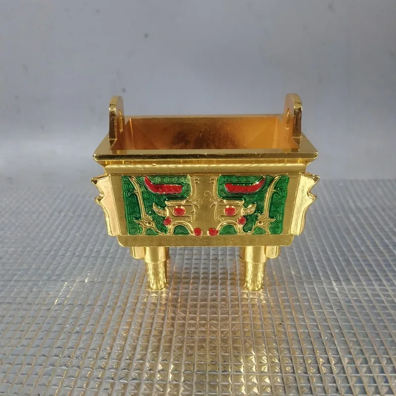 , gilded incense burner, copper ornament, square bronzeware, home decoration cloisonné tripod