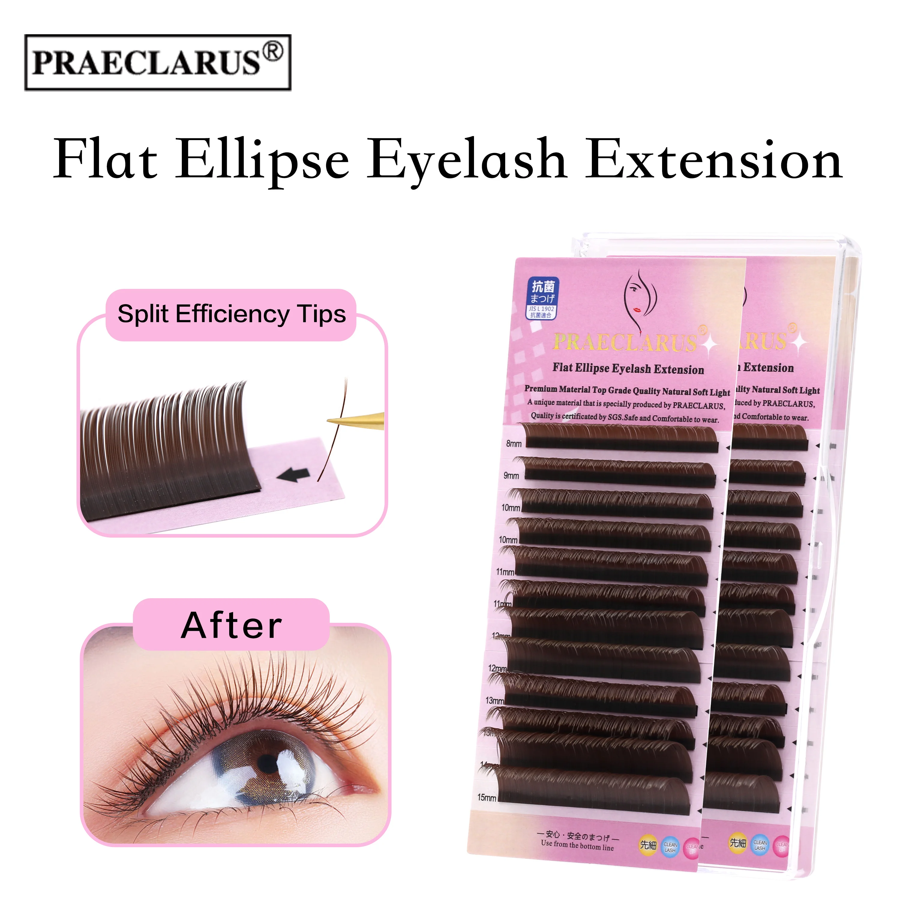 PRAECLARUS Flat Ellipse Eyelash Extension 0.15 Brown Color Premium Materials Split Tips Natural Soft Mink Fur Ellipse Flat Lash