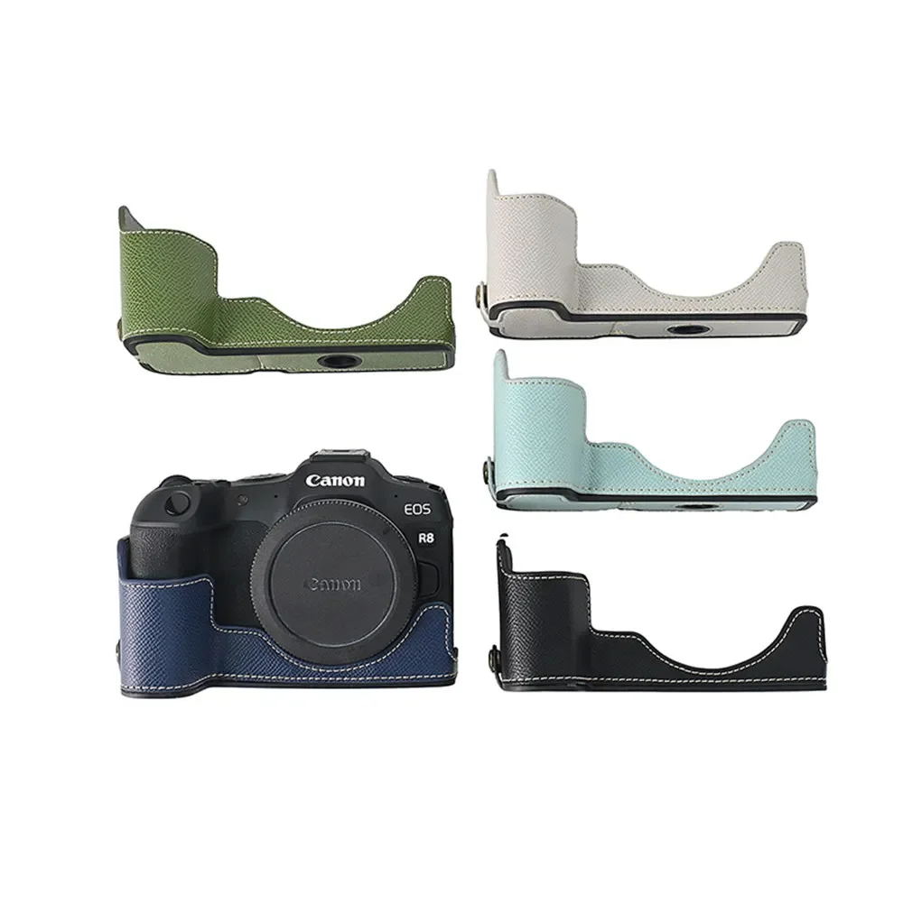 Palm Print PU Leather Camera Half Body Case For Canon EOS R8 Battery Opening Bottom Cover With Hand Strap