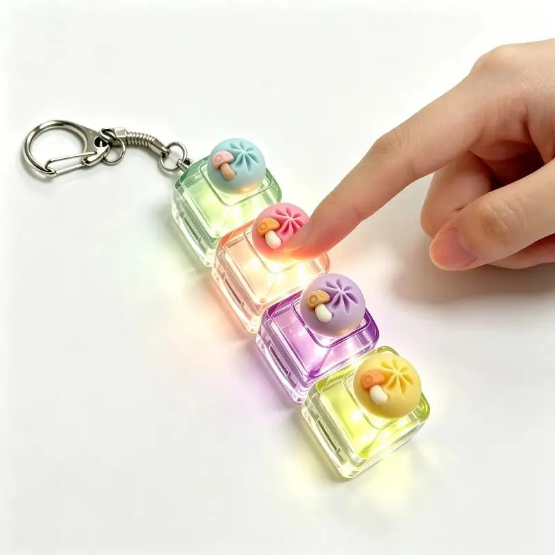 4Keys Steamed Bun LED Light Mechanical Keyboard: Keychain Fidget Toy Finger Button Anti Stress Keycap Gift
