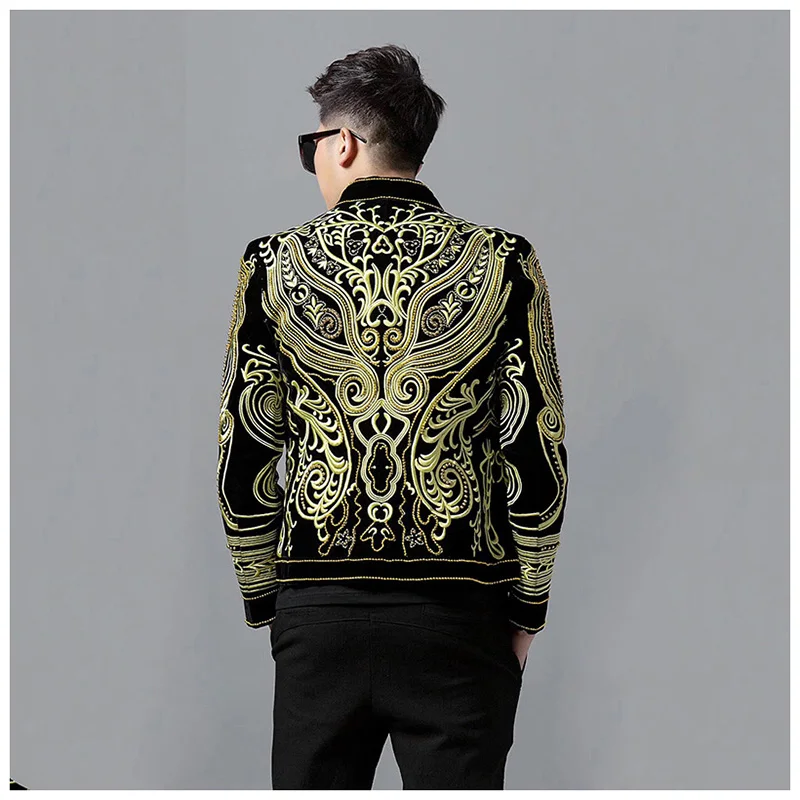 Retro Palace Luxury Velvet Beaded Golden Dragon Embroidered Suit Coat Hair Stylist Bar Nightclub Singer Stage Performance Jacket