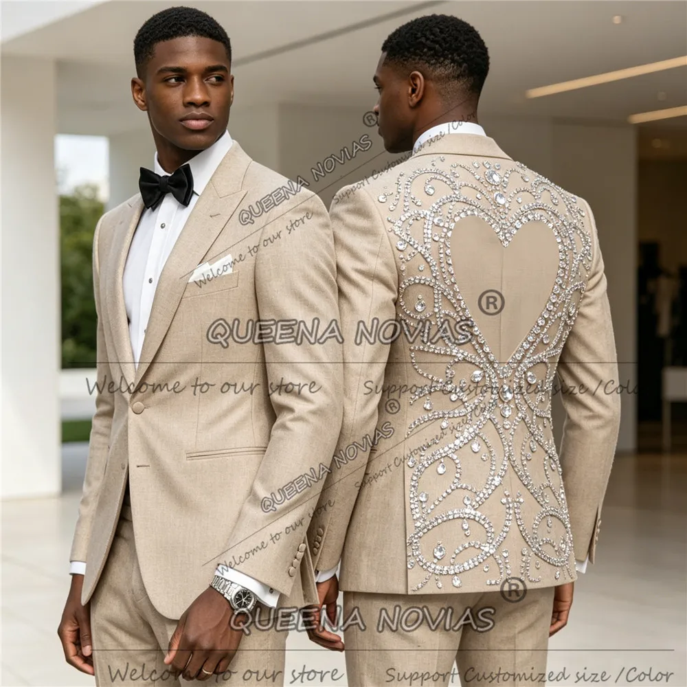

Extravagant Wedding Suits For Groom Rhinestone Beaded Jacket Pants 2 Piece Sets Male Fashion Tuxedo Attire Custom Made Outfits