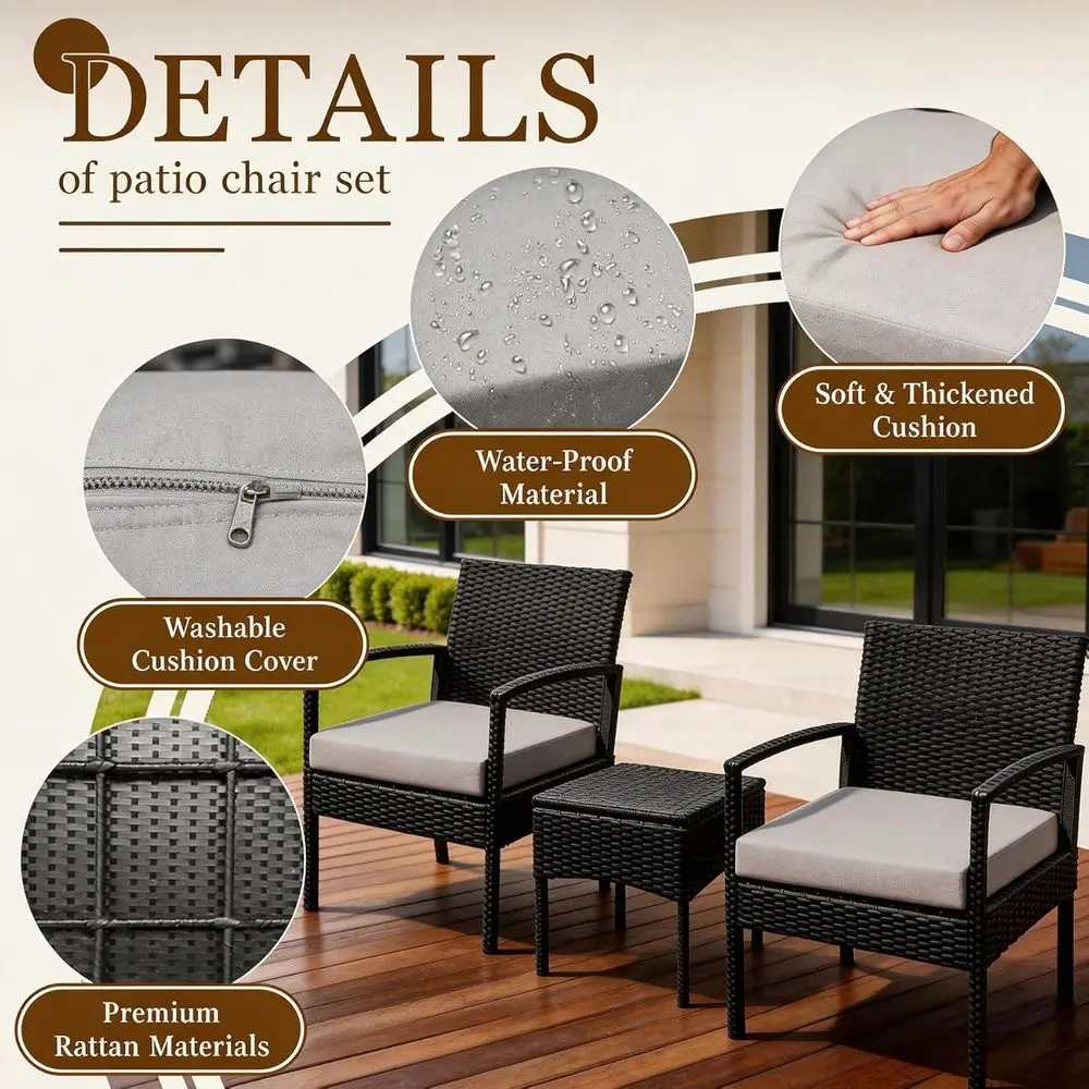 3 PCS Patio Rattan Contion Bistro Chairs Set, Outdoor Patio urniture Wicker Bistro Set with Coee Table or Garden Porch Balcony Y