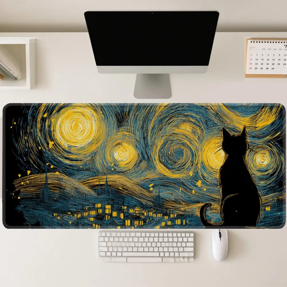 Black Cat Gazing at Van Gogh Starry Sky Desk Pad Large Gaming Mouse Pad Aesthetic Computer Mat
