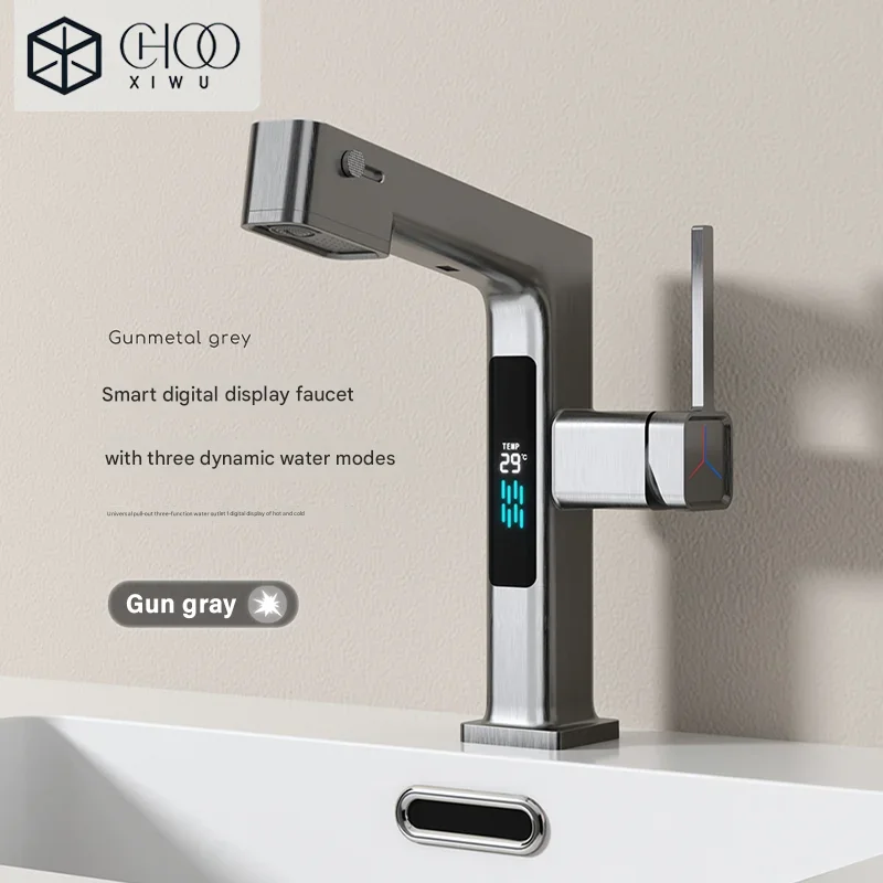 Solid Brass Digital Display Basin Faucet with Pull out Spout White Gold 3 Water Flow Modes Top Water Outlet for Bathroom