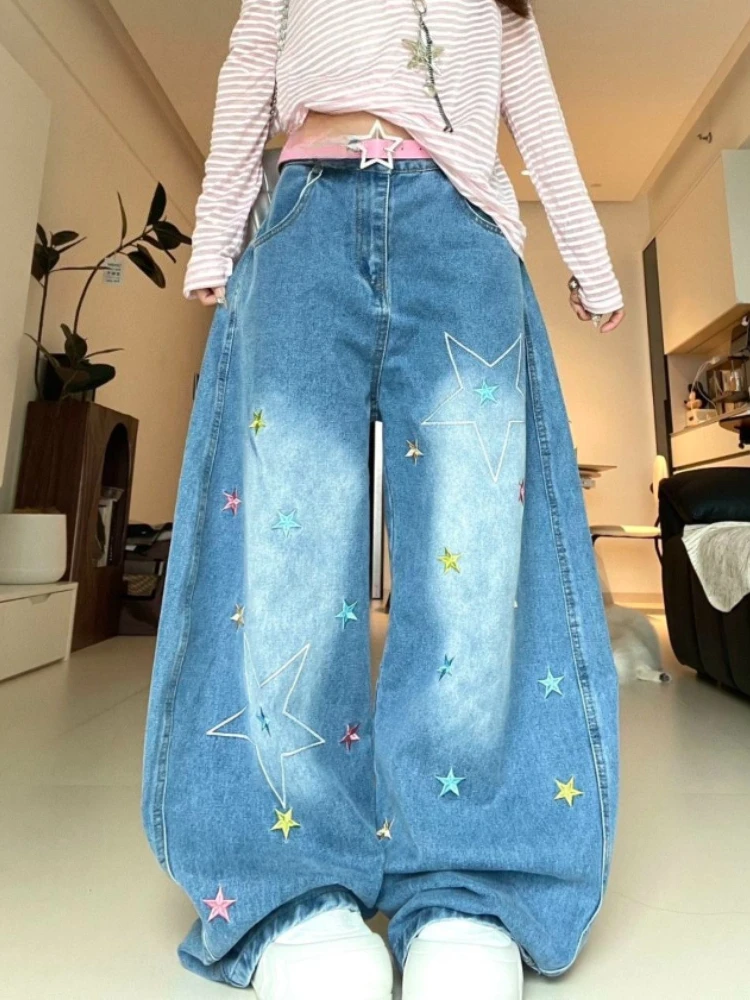 

Джинсы Neploe с вышивкой в винтажном американском стиле, женские, с высокой талией, свободные, зауженные, уличная мода, широкие брюки