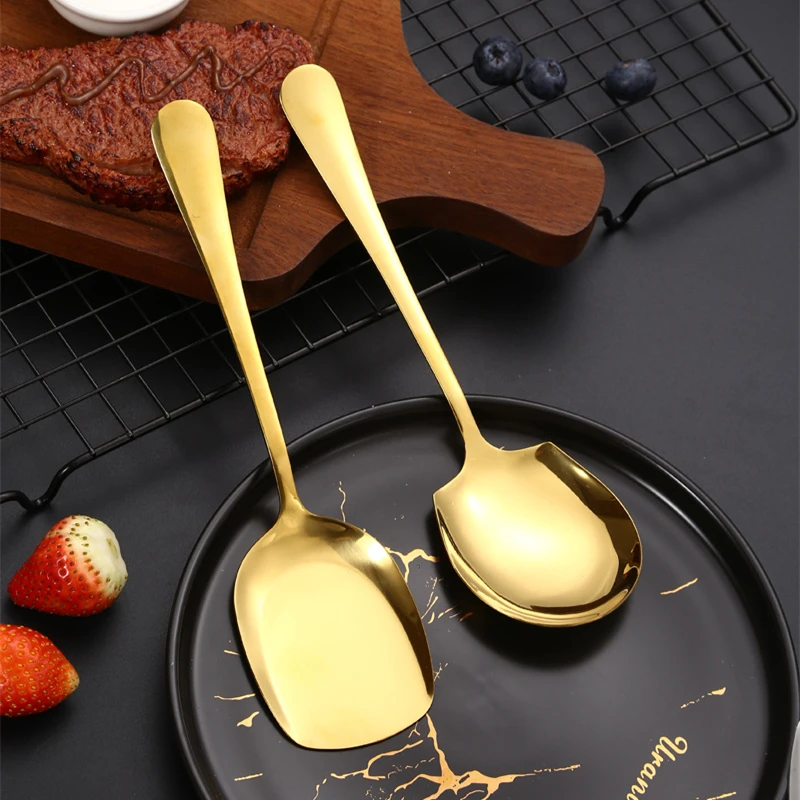 Golden Stainless Steel Food Service Spoon Large Rice Shovel Tableware Long Handle Square Spatula Kitchen Gadgets for Home