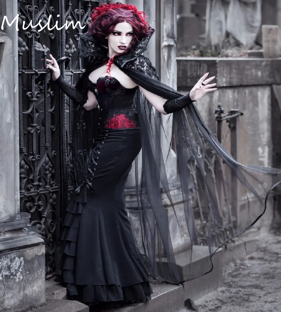 Gothic Vampire Costume Black Prom Dress With Cape Sleeve Vintage Lace Halloween Cosplay Victorian Evening Gowns Elegant Formal