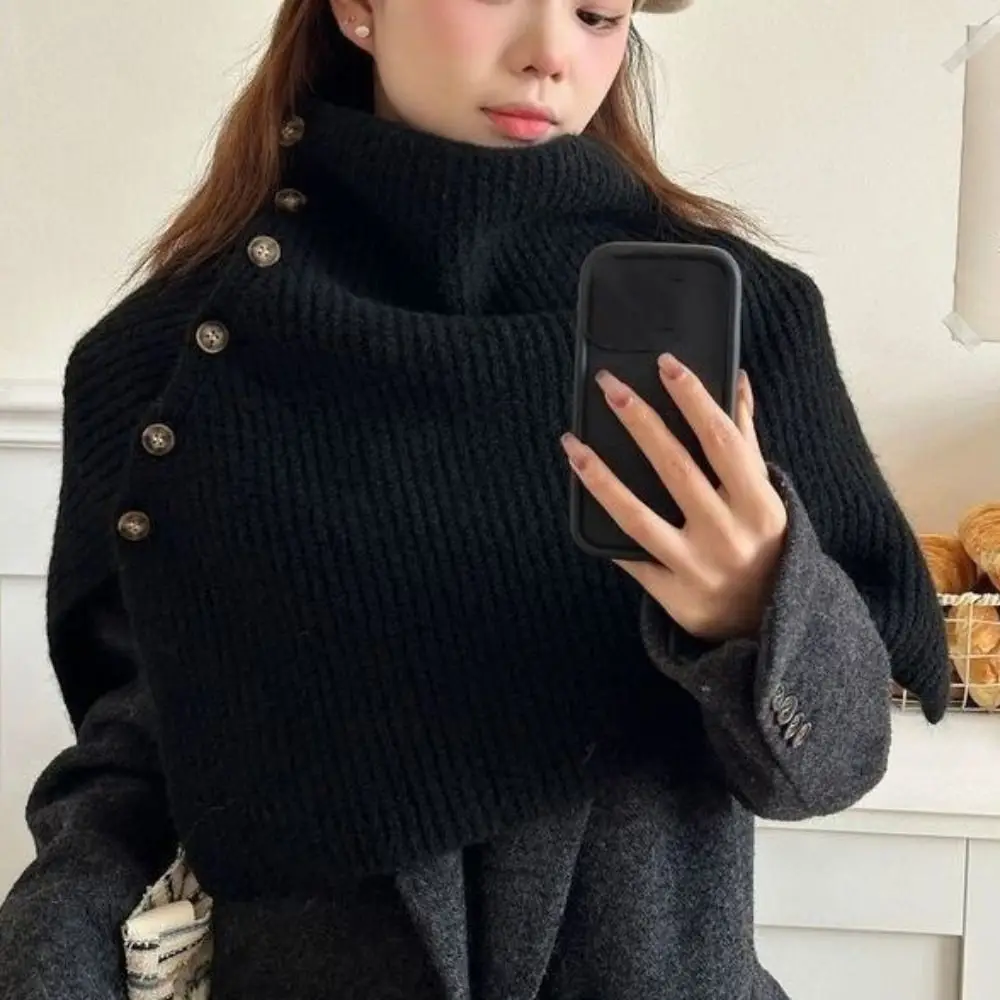 Simple Button Knitted Shawl Warm Thicken High Neck Scarf Irregular Cloak Women Winter Shawl Autumn