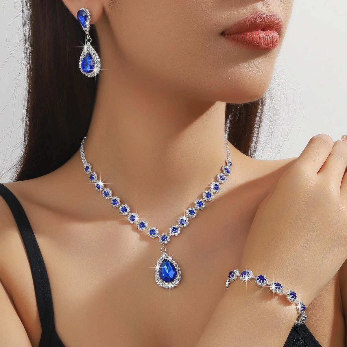 4 Buah Set Perhiasan Gelang Anting Kalung Bunga Tetesan Air Fashion Wanita Hadiah Festival Pesta Pernikahan-8065