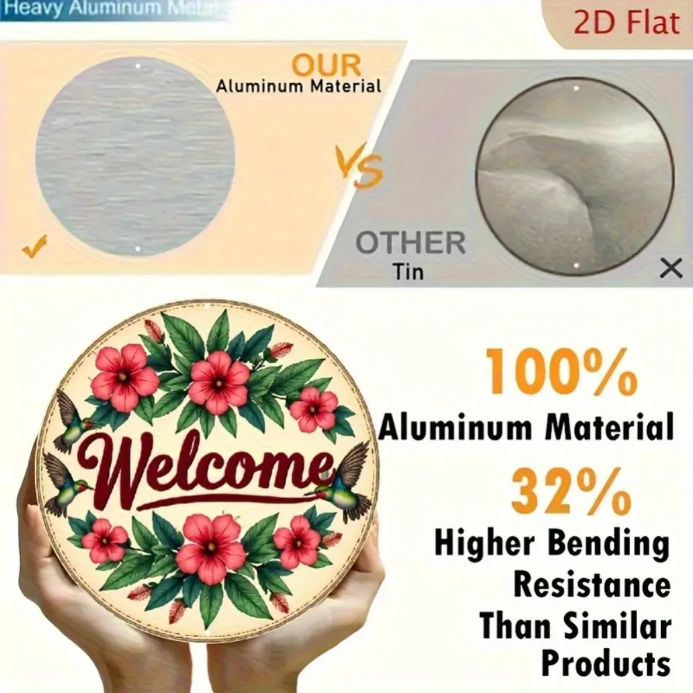 Decoração de parede de metal de boas-vindas rústica - Arte em alumínio de beija-flor floral redondo