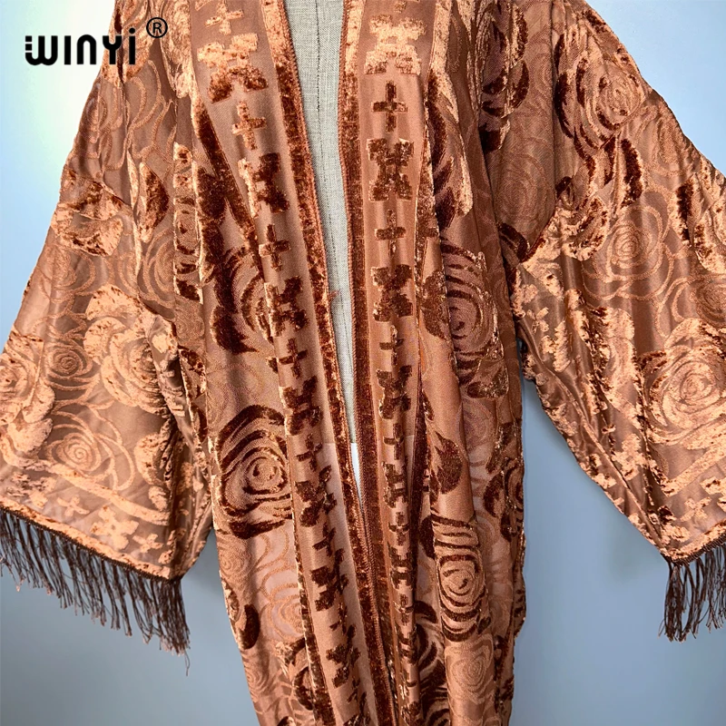 WINYI boho Kimono Personality perspective tassel cardigan for woman beach outfit kaftan beach cover up evening dress maxi coat
