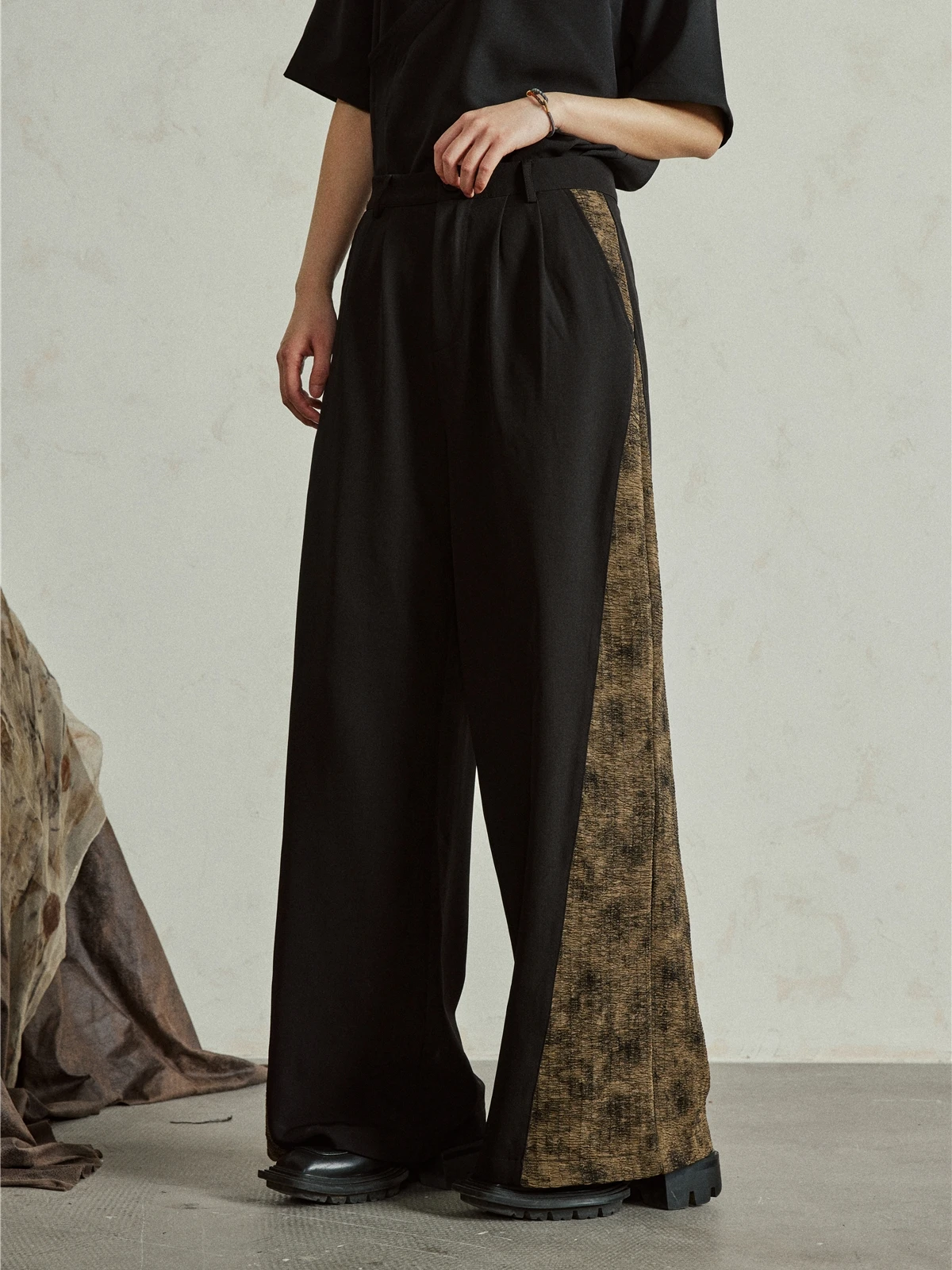 Sunyvonne Vintage Color Block Pleated Wide Leg Pants High Waist Casual Trousers Original Design Polyester Fiber Neutral Fit