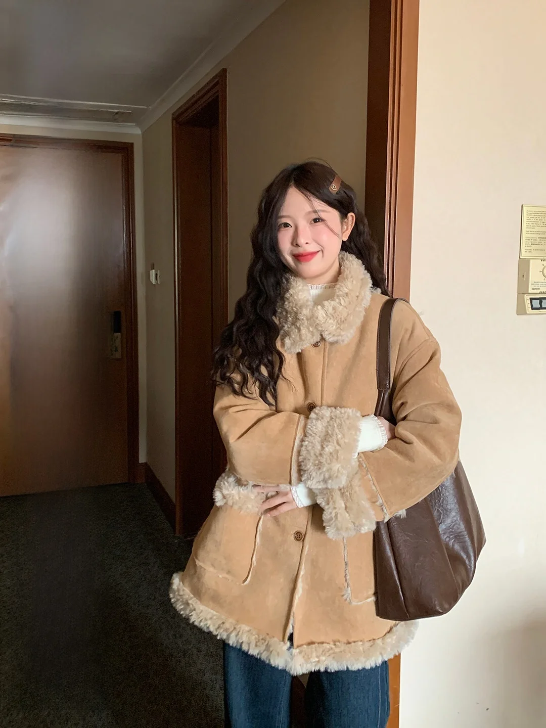 

Retro Collar Suede Jaet Women's Meralud Casual Versatile Warm Top Button Closure Long Sve Loose Fit Daily Wear