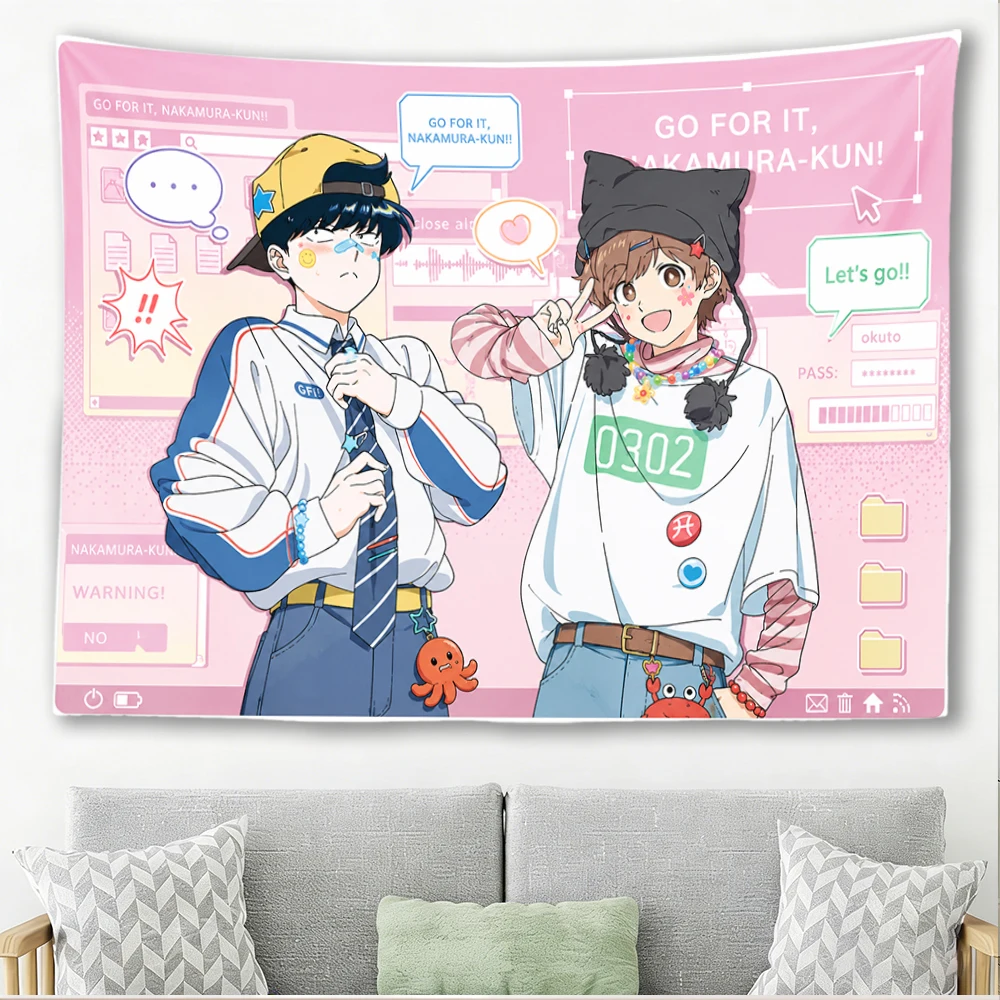 Anime Wall Tapestry Nakamura & Hirose Two Boys Computer UI Pink Background Polyester Wall Hanging For Teen Bedroom Otaku Dorm