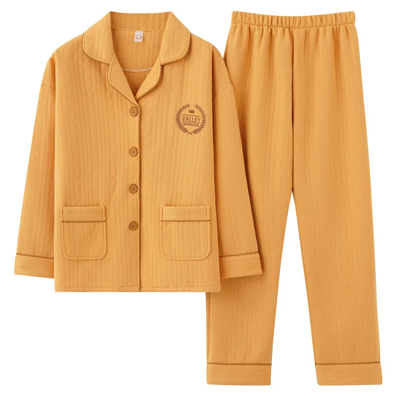 Thick Cotton Pajamas Long Sleeve Pure Cotton Warm Cardigan Set for Middle-Aged Women Home Clothes Air Cotton Sleepwear