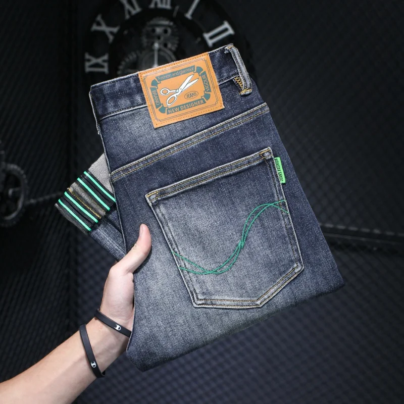 Washed Blue Jeans Men's 2024 Spring and Autumn New Street Slim-Fitting Small Straight Retro Distressed Long Pants