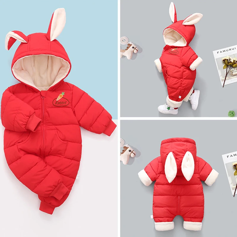 Autumn Winter Overall For Children Infant Down Cotton Thickened Clothes Hooded Cartoon Baby Boys Girls Jumpsuit Baby Romper