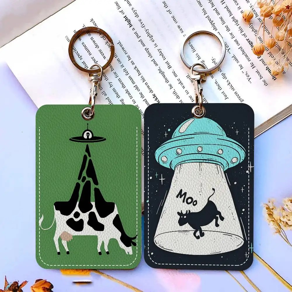 Cows Funny Art Rectangle ID Card Case Keychain Access Card Bag Key Tag Ring Leather Card Holder Key Ring Access