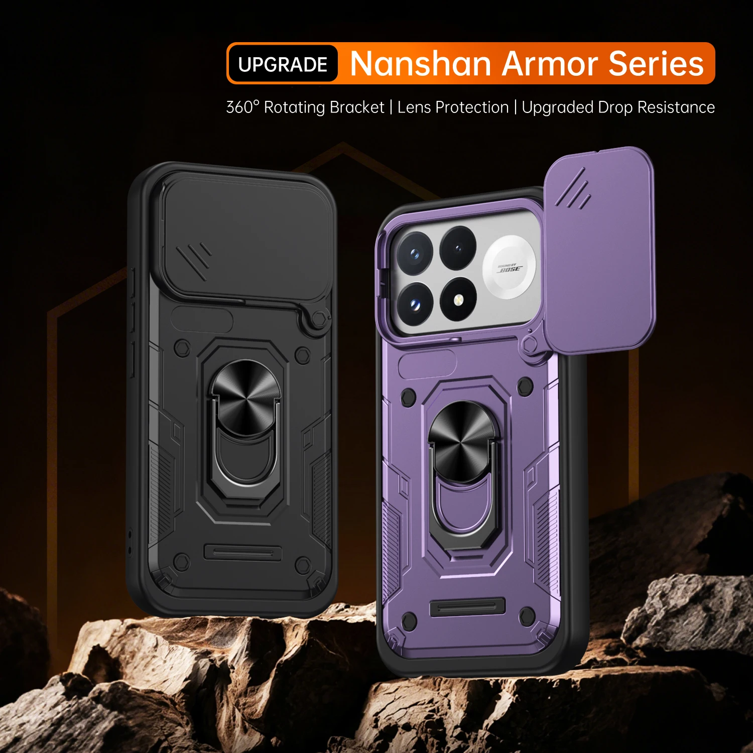Coque antichoc Nanshan Armor pour Xiaomi Poco F9 Ultra F9Pro 5G, avec protection coulissante pour l’objectif de l’appareil photo et anneau métallique servant de support.