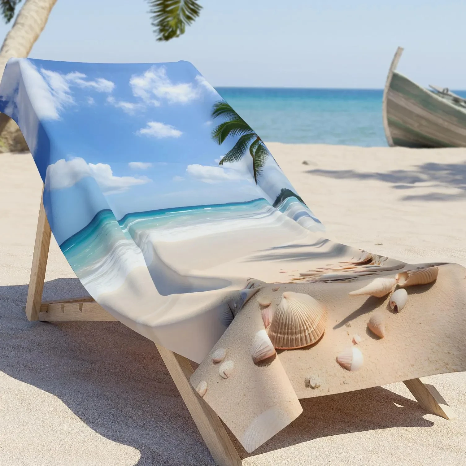 Tropical Ocean Beach Palm Tree Seashell Wildlife Scenery Art Soft Thick Quality Beach Towel