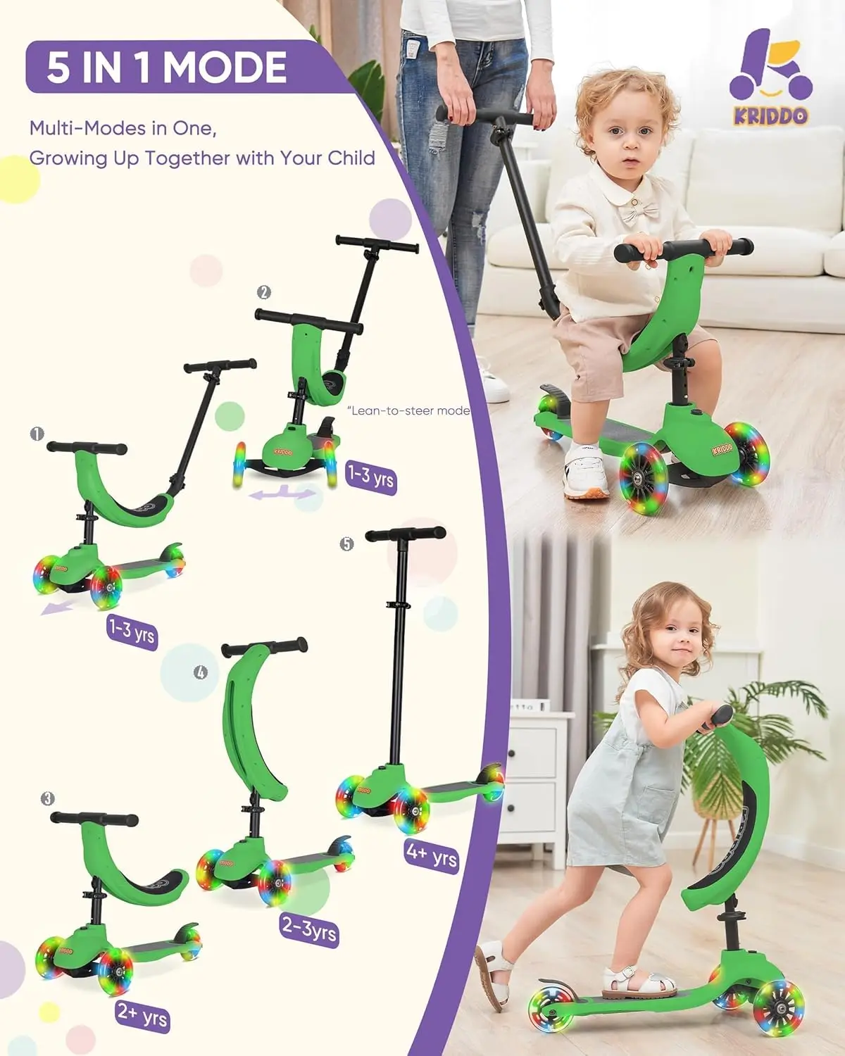 Trottinette Pliante 5 en 1 pour Enfants de 1 à 5 Ans, avec 3 Roues Éclairées, Planche Large sur Pied, Réglable, Recommandée, Apprendre