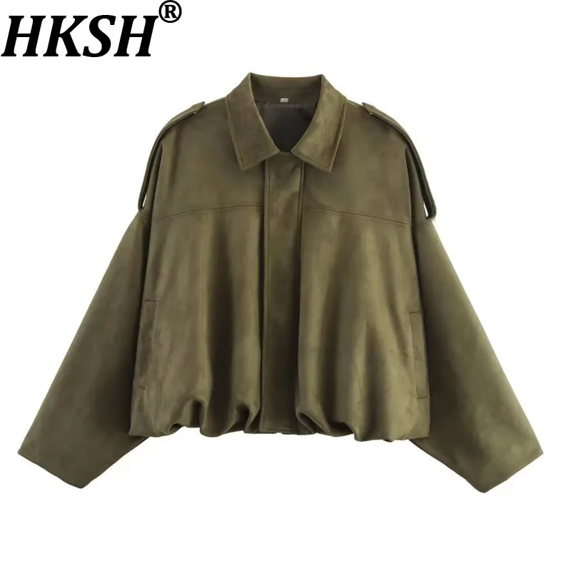 

HKSH весенне-осенняя новая женская куртка из искусственной замши с отложным воротником на молнии, однотонная плиссированная уличная одежда, повседневное пальто Tide HK13959