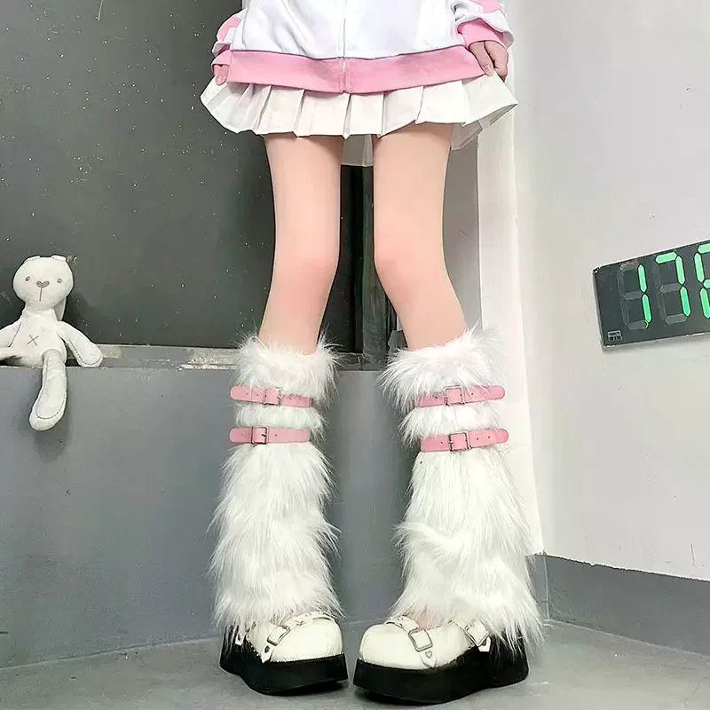 Women Leg Warmers Faux Fur Sock Boot Covers Pink Buckle Design Spice Girl Y2K Style JK Fashion Stackable Winter Wear