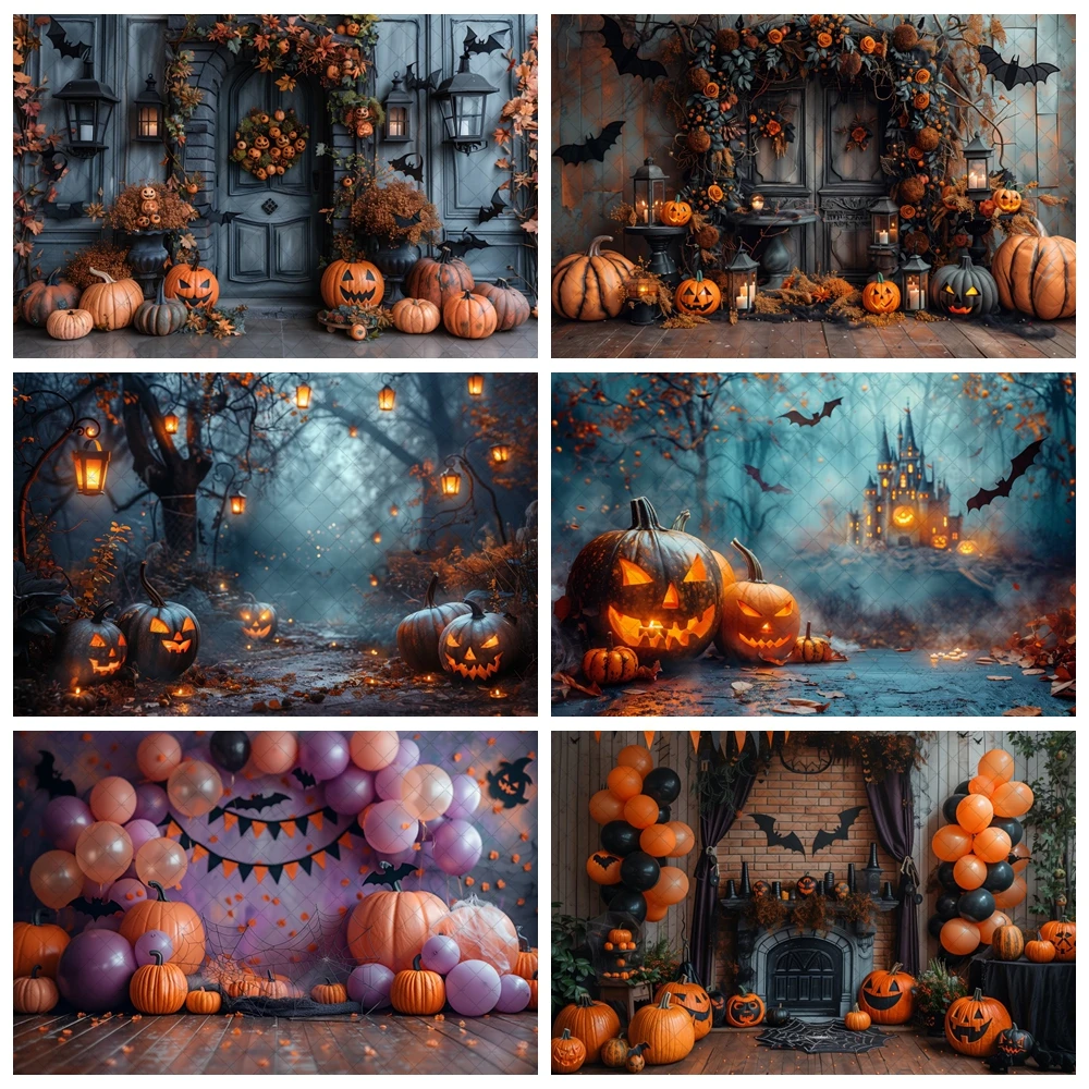 

Haunted House Wooden Door Halloween Photography Background Fall Pumpkin Maple Leaf Decor Kids Portrait Photo Backdrop Studio