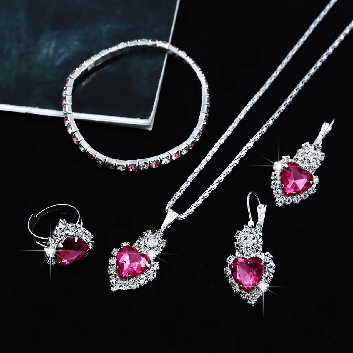 5-Piece Set of Fashionable Women's Pink Heart-Shaped Stainless Steel Rhinestone Jewelry Set, Including Necklace, Bracelet, Earrings, and Ring, as a Holiday Gift for Her