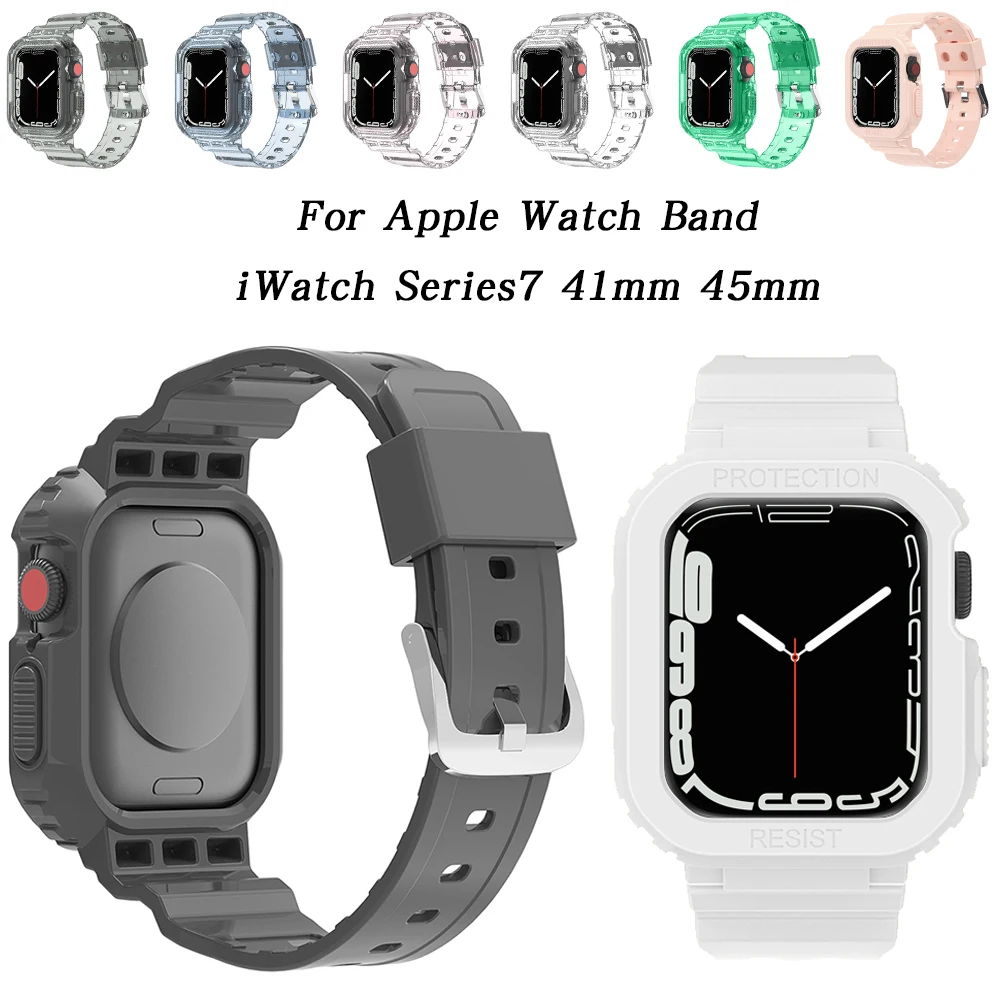 Silicone Sport Clear Bracelet Case + Band for Apple Watch Series7 4145mm Stretchy Solo Loop Strap Replacement Pour iWatch Correa