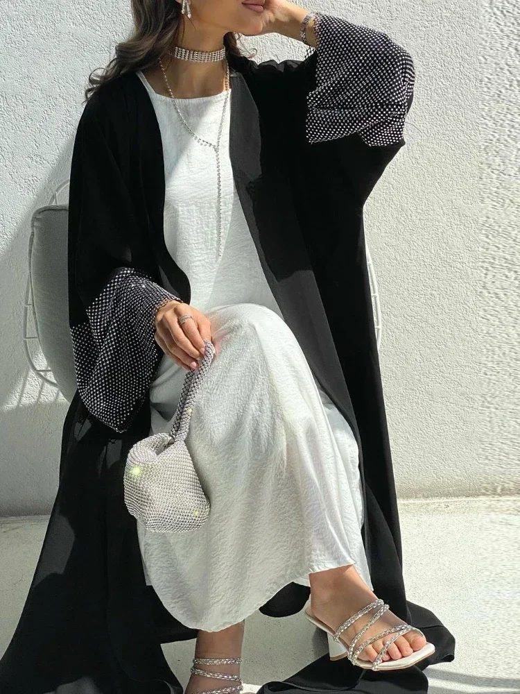 Abaya muçulmana de diamante para mulheres, abayas manga longa, vestido maxi árabe saudita, robe de kaftan marroquino, Eid, 2023