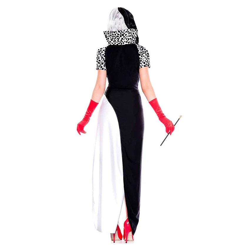 De Vil 101 Dalmatians Cruella Clown Dress Cloak Halloween Costume for Woman Adult Sexy Witch Cosplay Anime Festival Masquerade